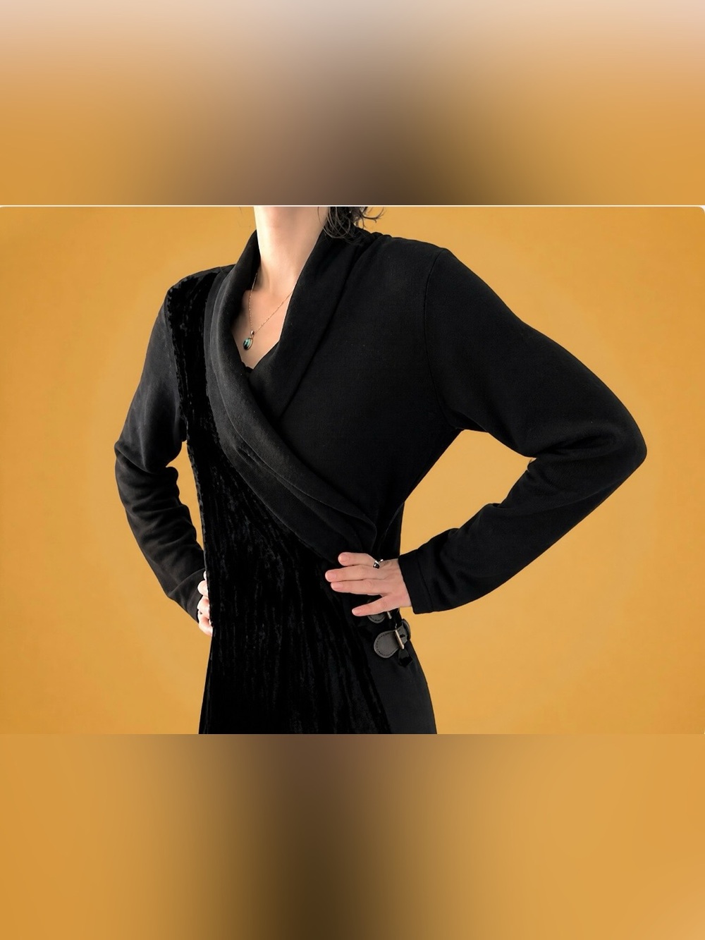 Vintage 90s Black Asymmetrical Faux Wrap Buckle Dress Minimalist• Evan Piccone